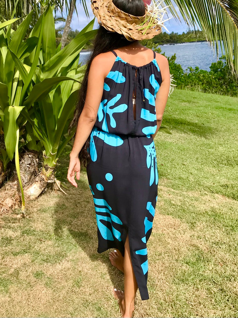 Kukui Tropical Sundress in Turquoise Blue on Black – Plumeria Sun