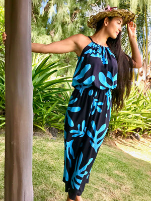 Kukui Tropical Sundress in Turquoise Blue on Black