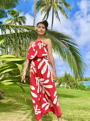 RED DREES, RED SUNDRESS, RED, RED BEACH DRESS, RED SUMMER DRESS, gift, aloha, aloha gift, hawaiian style, hula, tahitian dance, tahitian, フラ、ハワイ、tropical dress, Tropical Lauhala Garden Sundress, sundress, vacation, resort wear, flower dress, hawaiian , hawaii, maui made, made in maui, beach dress, beach, beach girl, natural, bamboo, eco style,