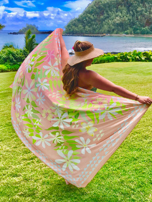 PEACH PAREO , PAREO , HAWAIIAN ,Tahitian, flower design fabric, Hawaii sarong, 