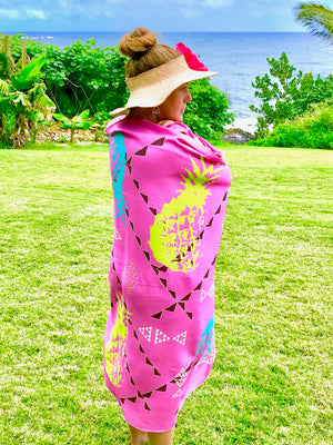 ECO BAMBOO PAREO - PINEAPPLES MEET LAUHALA FISH in Pink - FULL SIZE