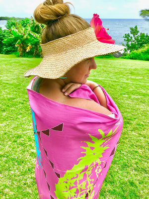 ECO BAMBOO PAREO - PINEAPPLES MEET LAUHALA FISH in Pink - FULL SIZE