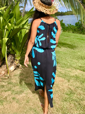 Kukui Tropical Sundress in Turquoise Blue on Black