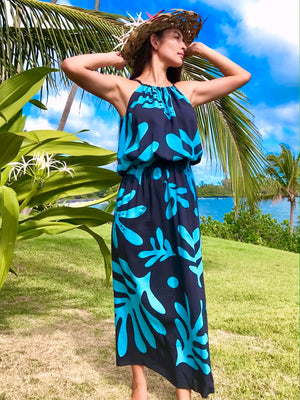 Kukui Tropical Sundress in Turquoise Blue on Black